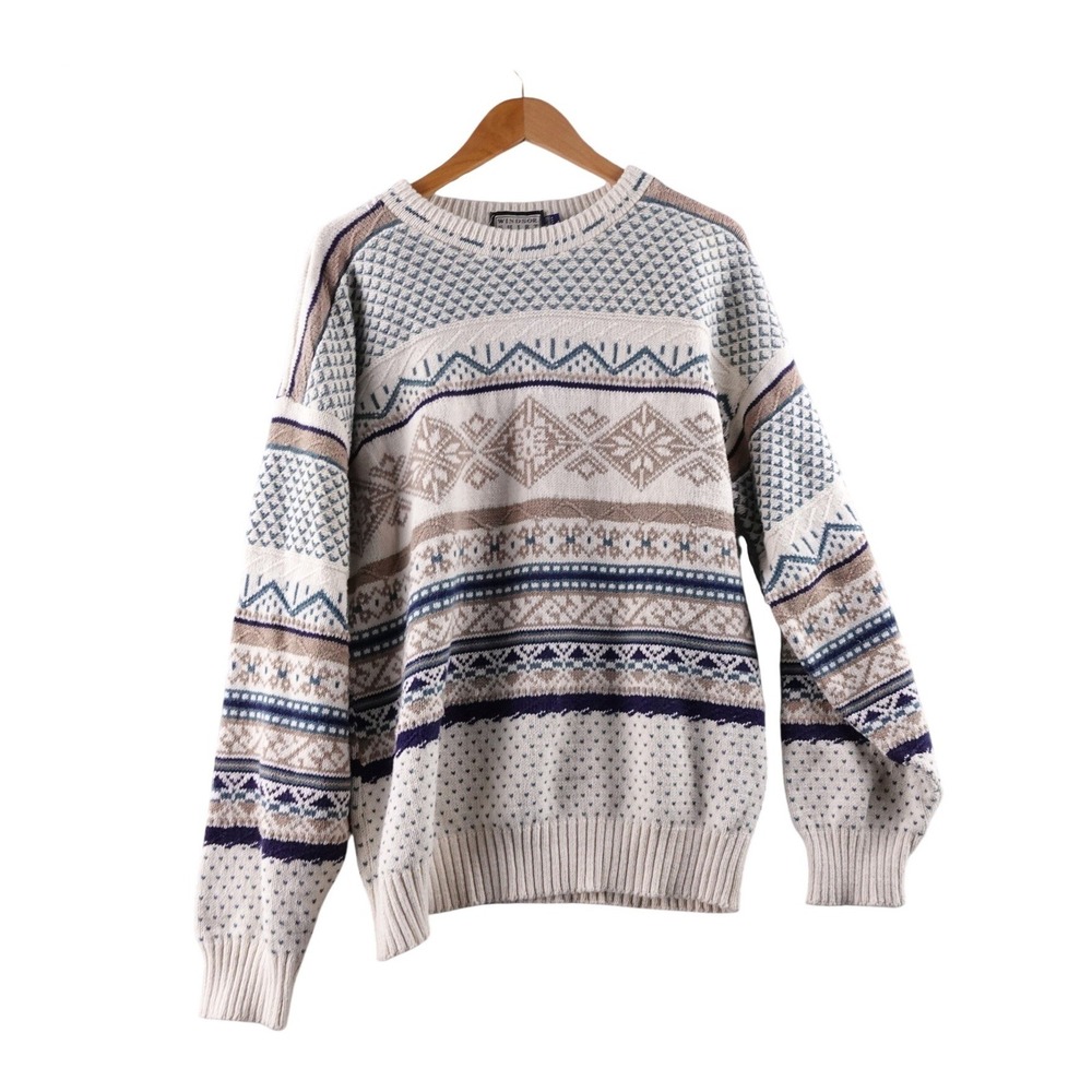 Vintage Windsor Shirt Company Men XL Fair Isle Knit Sweater Cream Blue Brown USA